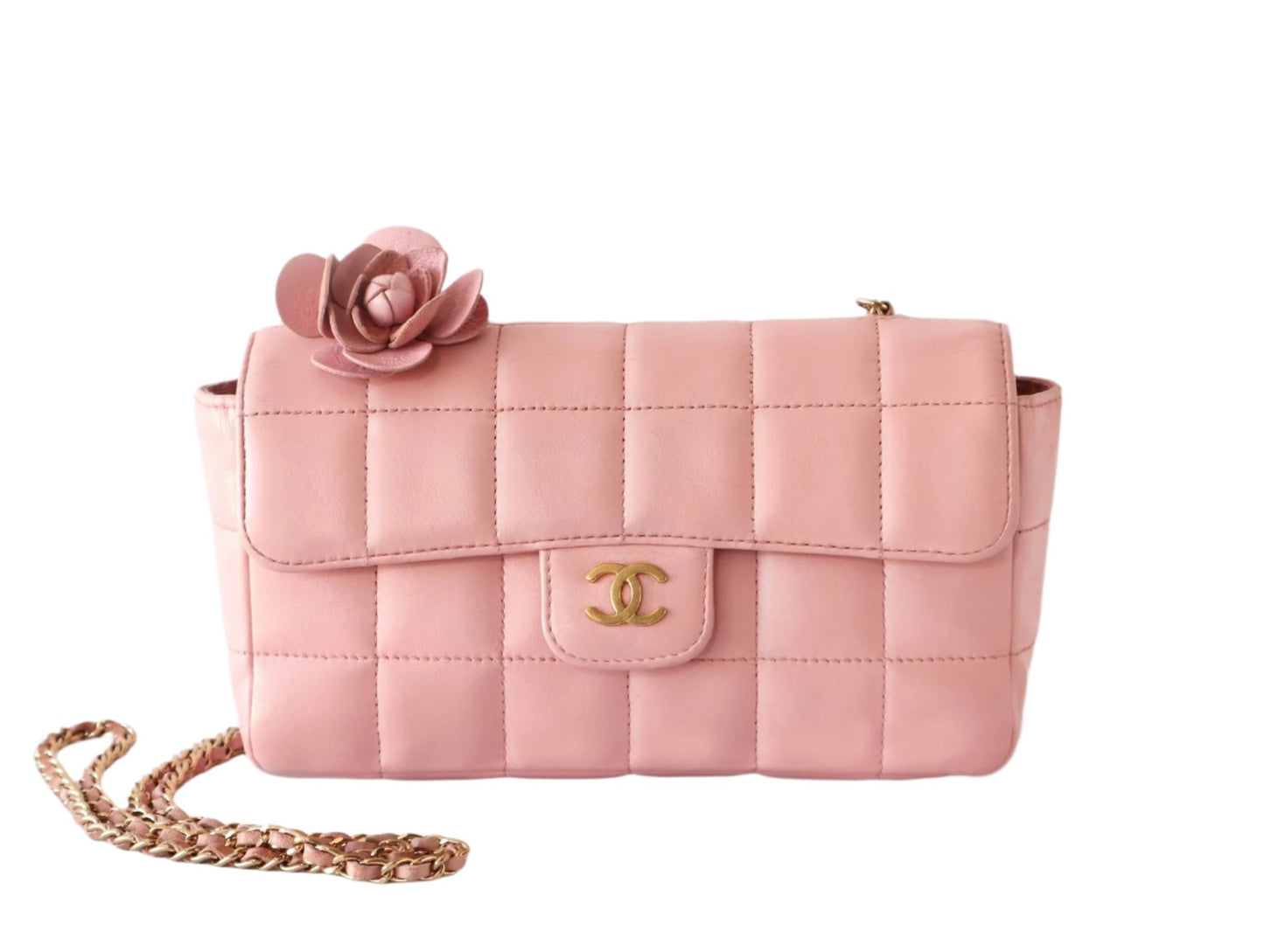 Vintage Chanel Pink Lambskin Quilted Mini Chocolate Bar Camellia Flap