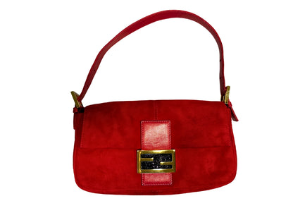 Vintage Fendi Red Suede Baguette Shoulder Bag