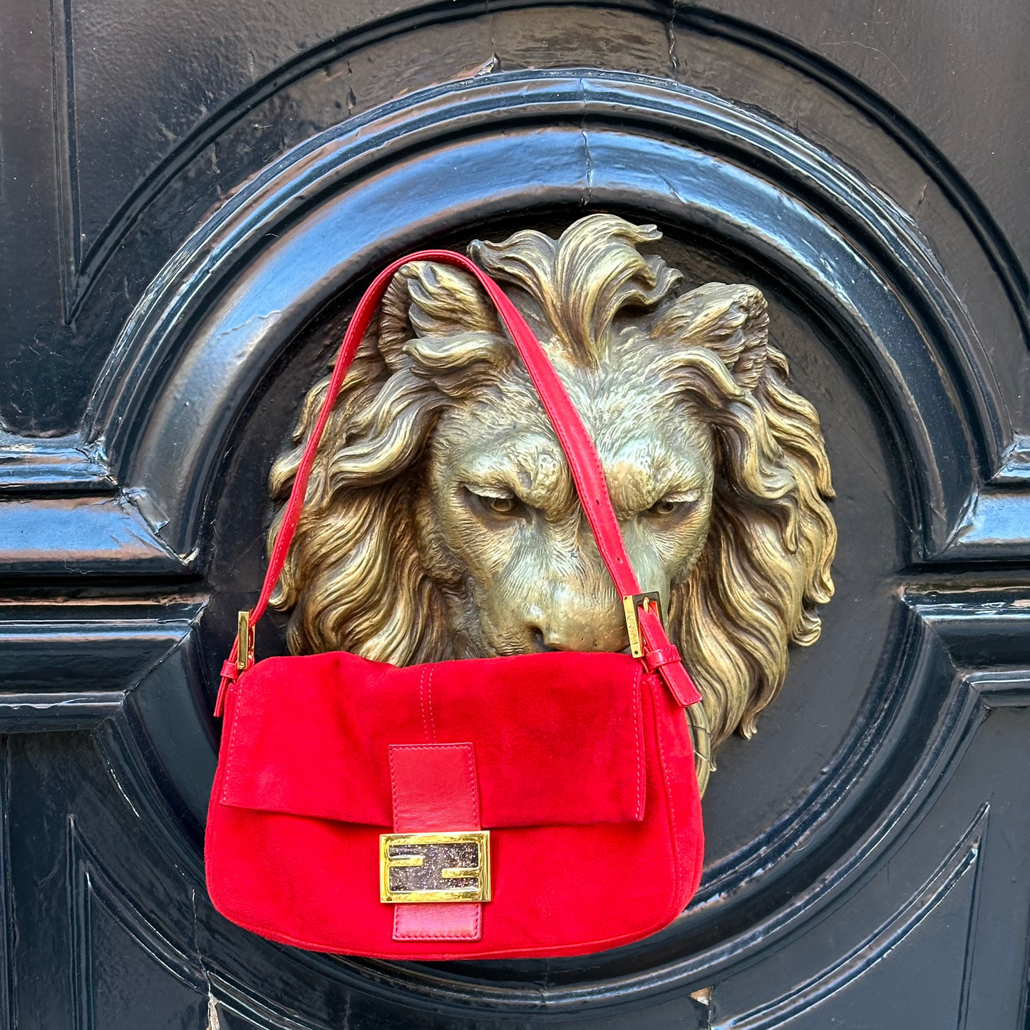 Vintage Fendi Red Suede Baguette Shoulder Bag