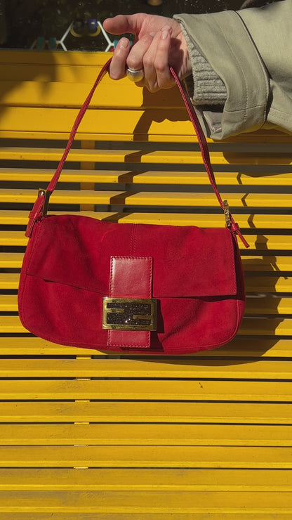 Vintage Fendi Red Suede Baguette Shoulder Bag